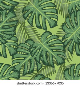 Seamless pattern with monstera and palm leaves. Exotic vector illustration.