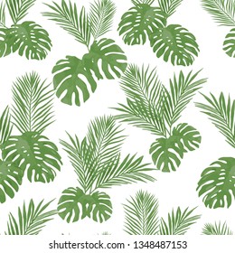 Seamless pattern with monstera palm leaves, watercolor white background.. Repeat pattern with tropical leaf. Green jungle rain forest. Great for fabric, textile, surface, print, wallpaper, backdrop.