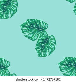 seamless pattern with monstera palm leaves. Summer tropical camouflage fabric design.