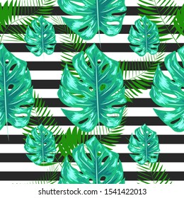seamless pattern with monstera palm leaves. Tropical textile botanical design. black white geometric background.