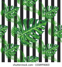 seamless pattern with monstera palm leaves. Tropical textile botanical design. black white geometric background.