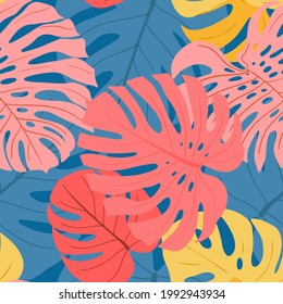 Patrón sin foco con hojas de palma de Monstera en azul brillante, amarillo y rosa 