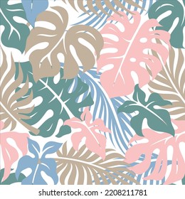 seamless pattern of monstera and palm leaves