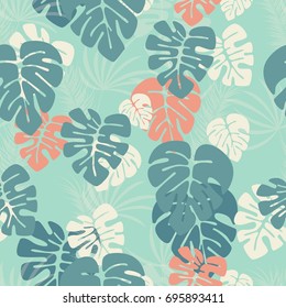 Seamless pattern with monstera palm leaves and plants on blue background, vector illustration