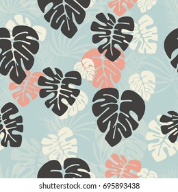 Seamless pattern with monstera palm leaves and plants on dark background, vector illustration