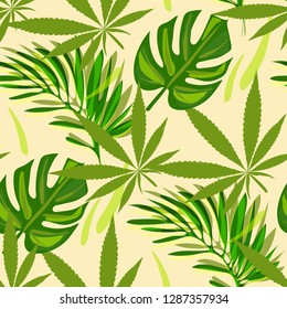 seamless pattern monstera palm tree hemp cannabis smoking smoke bong leaves print on fabric print natural texture