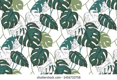 Seamless Pattern Of Monstera Plant With Vines On White Background, Pastel Vintage Style.