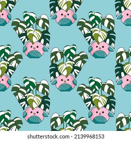 Seamless pattern with a monstera in a pot in the form of a cute bird on a blue background. Vector image. Botanical ornament for fabric, clothing, wallpaper, wrapping paper, stationery. 
