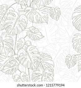 Seamless pattern with monstera  in pots  on white background. Hand-drawn vector monochrome illustration.