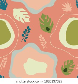 Nahtloses Muster mit Monstera und tropischen Dschungelblättern. Handgezeichnete, abstrakte Vektorhintergründe. Spots in Pastellfarben, minimalistisches naives Konzept. Druck für Textilien,Notebook-Cover
