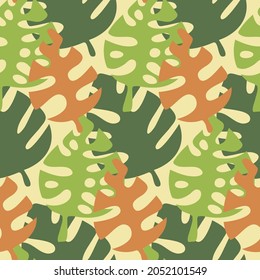 Patrón sin foco monstera hoja tropical verde amarillo, ilustración vectorial