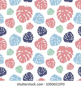 Seamless pattern of Monstera tropical leaves. Colorful Summer floral fabric design. Vector illustration EPS 10 file.