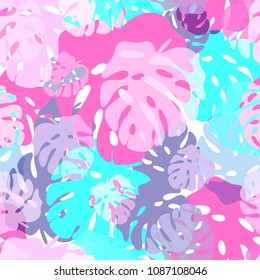 Seamless pattern of Monstera tropical leaves. Colorful Summer floral fabric design. Vector illustration EPS 10 file.