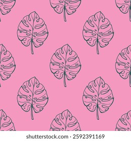 Seamless pattern with monstera tropical leaves doodle for decorative print, wrapping paper, greeting cards, wallpaper and fabric
