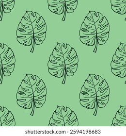 Seamless pattern with monstera tropical leaves doodle for decorative print, wrapping paper, greeting cards, wallpaper and fabric