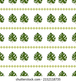 Seamless pattern with Monstera.Hand drawn green leaves on white background.