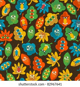 Seamless pattern with monsters - autumn leaves. Vector doodle texture.