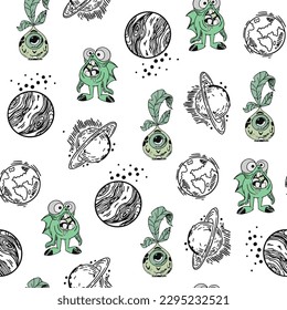 Seamless pattern with monsters. Baby monsters to print on pajamas or fabric. Pattern with planets, space and monsters. Stars, satellites in the sky.
