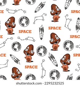 Seamless pattern with monsters. Baby monsters to print on pajamas or fabric. Pattern with planets, space and monsters. Stars, satellites in the sky.