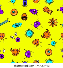 Seamless pattern monsters. Background microbes, viruses, bacteria. Funny characters. Stock vector