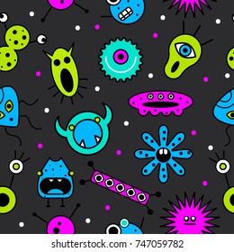 Seamless pattern monsters. Background microbes, viruses, bacteria. Funny characters. Stock vector