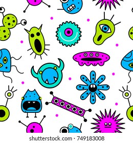 Seamless pattern monsters. Background microbes, viruses, bacteria. Funny characters. Stock vector