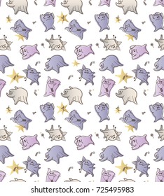 Seamless pattern with monsters of delicate colors. Funny ghosts in the cartoon style. Halloween Pattern