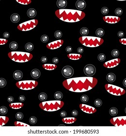 Seamless pattern. Monsters eyes and toothy mouth on black background. vector