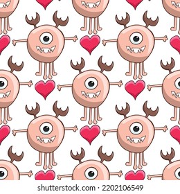 Seamless pattern with monsters and hearts