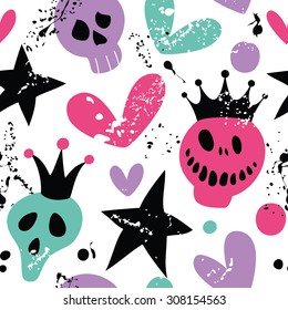 Seamless pattern with monsters and hearts. Happy Halloween.