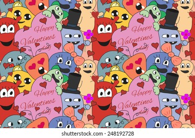 Seamless pattern with monsters in love in bright color. Wallpaper for St. Valentine day. Vector illustration. 