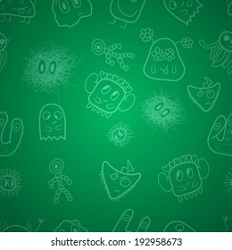 Seamless pattern with monsters on green background
