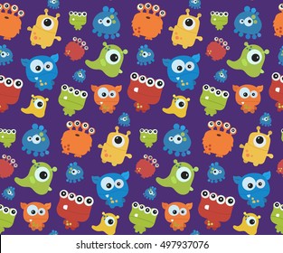Seamless pattern with monsters. Print for Halloween. Big vector set of cartoon cute monsters and aliens. Custom shapes, bodies,