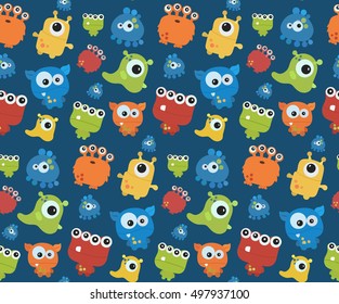 Seamless pattern with monsters. Print for Halloween. Big vector set of cartoon cute monsters and aliens. Custom shapes, bodies,