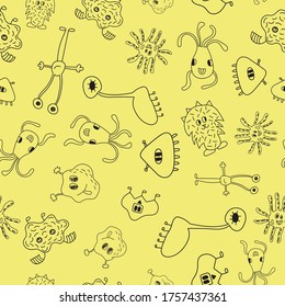 Seamless pattern with monsters vector illustration. Perfect for kids bedroom, nursery decoration, posters, wrapping paper and wall decorations.