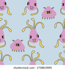 Patrón sin foco con ilustración vectorial de monstruos. Perfecto para el dormitorio infantil, decoración infantil, carteles, papel de envoltura y decoración de pared.