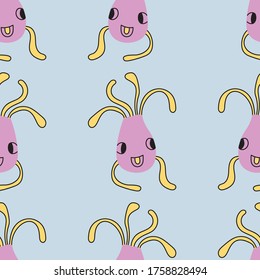 Seamless pattern with monsters vector illustration. Perfect for kids bedroom, nursery decoration, posters, wrapping paper and wall decorations.