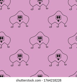 Seamless pattern with monsters vector illustration at purple background. Perfect for kids bedroom, nursery decoration, posters, wrapping paper and wall decorations.