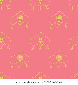 Seamless pattern with monsters vector illustration. Yellow elements at pink background. Perfect for kids bedroom, nursery decoration, posters, wrapping paper and wall decorations.