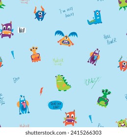 Seamless pattern with monsters vector illustration, vector textile fabric print, wrapping paper