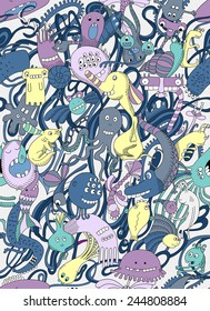 Seamless pattern of monsters.Abstract, cartoon design. world doodles and monsters.