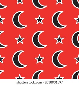Seamless pattern with month and stars on a red background. Vector illustration