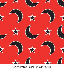 Seamless pattern with month and stars on a red background. Vector illustration
