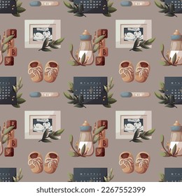 Seamless pattern with Monthly calendar, ultrasound baby picture, Positive pregnancy test, baby bottle. Baby waiting, pregnancy, sonogram concept. Vector illustration.