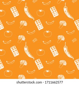 Seamless pattern of mood-boosting foods, vector illustration,  broccoli, banana, tomato, chocolate and chili pepper, hand drawing, orange and white colors