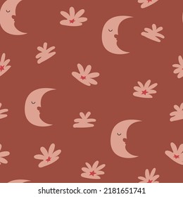 Seamless pattern with moon and abstract flowers. Vector mystical, boho, magic, esoteric background