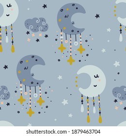 Seamless pattern with moon. Pattern for bedroom, wallpaper, kids and baby t-shirts and wear, hand drawn nursery illustration
