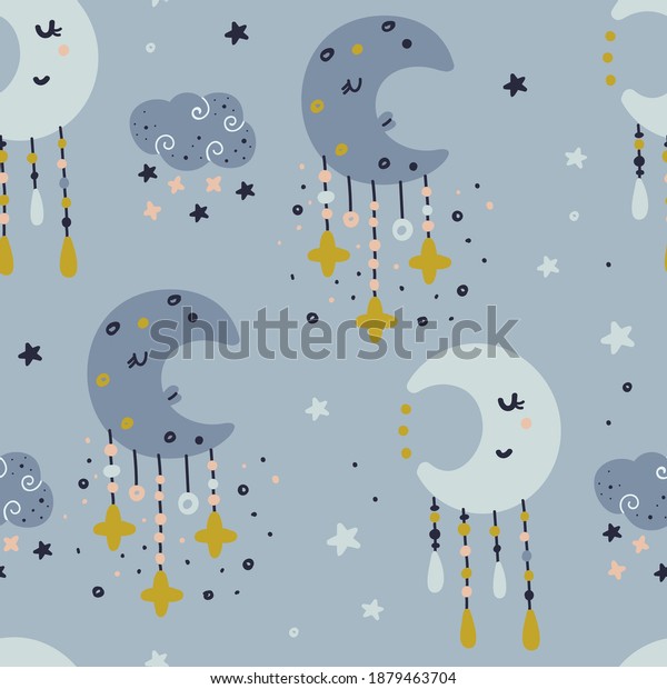 Seamless pattern with moon. Pattern for\
bedroom, wallpaper, kids and baby t-shirts and wear, hand drawn\
nursery illustration