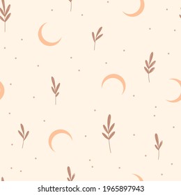 Seamless pattern with moon. Bohemian art. Hand drawn botany illustration in pastel colors.