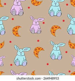 Seamless pattern with moon and bunny